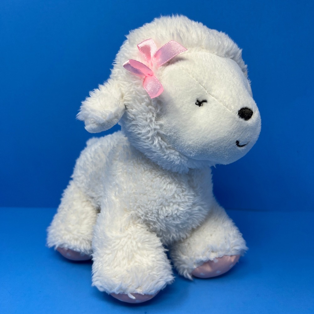 Carters Plush Lamb Small White Pink Bow Polka Dot Feet‎ Heart Patch Nursery Toy